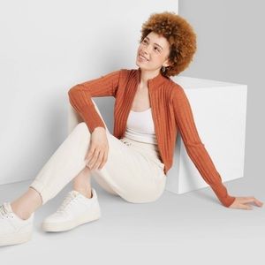 Wild Fable Ribbed Mock Neck Zip Up Cardigan Rust Medium